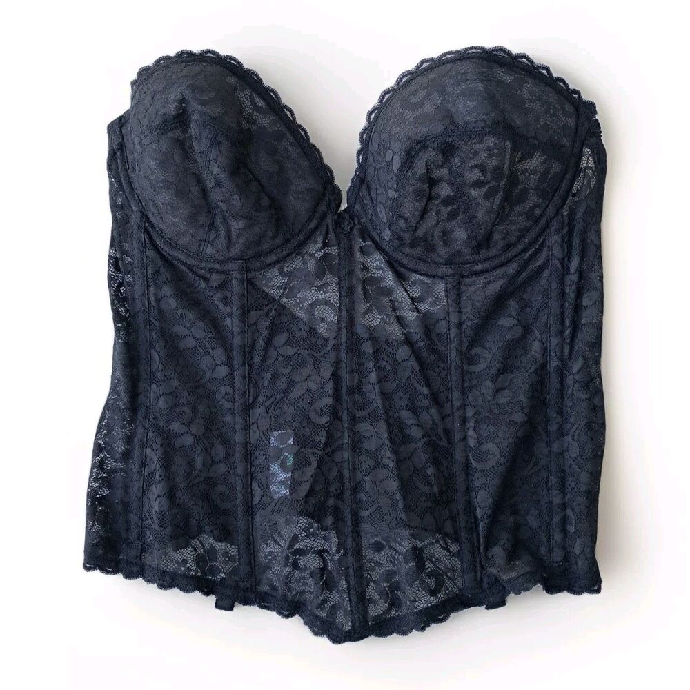 Vtg Carnival Black Corset Bustier 36C Top Underwire Boning Sheer Lace Mall Goth